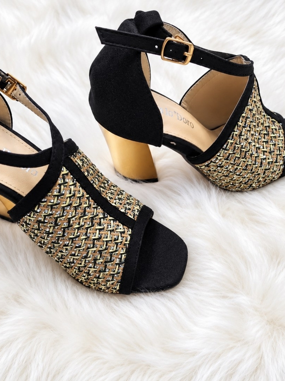 Woven Cream, Silver & Faux Black Suede Block Sandals with Gold Heel. Size 6